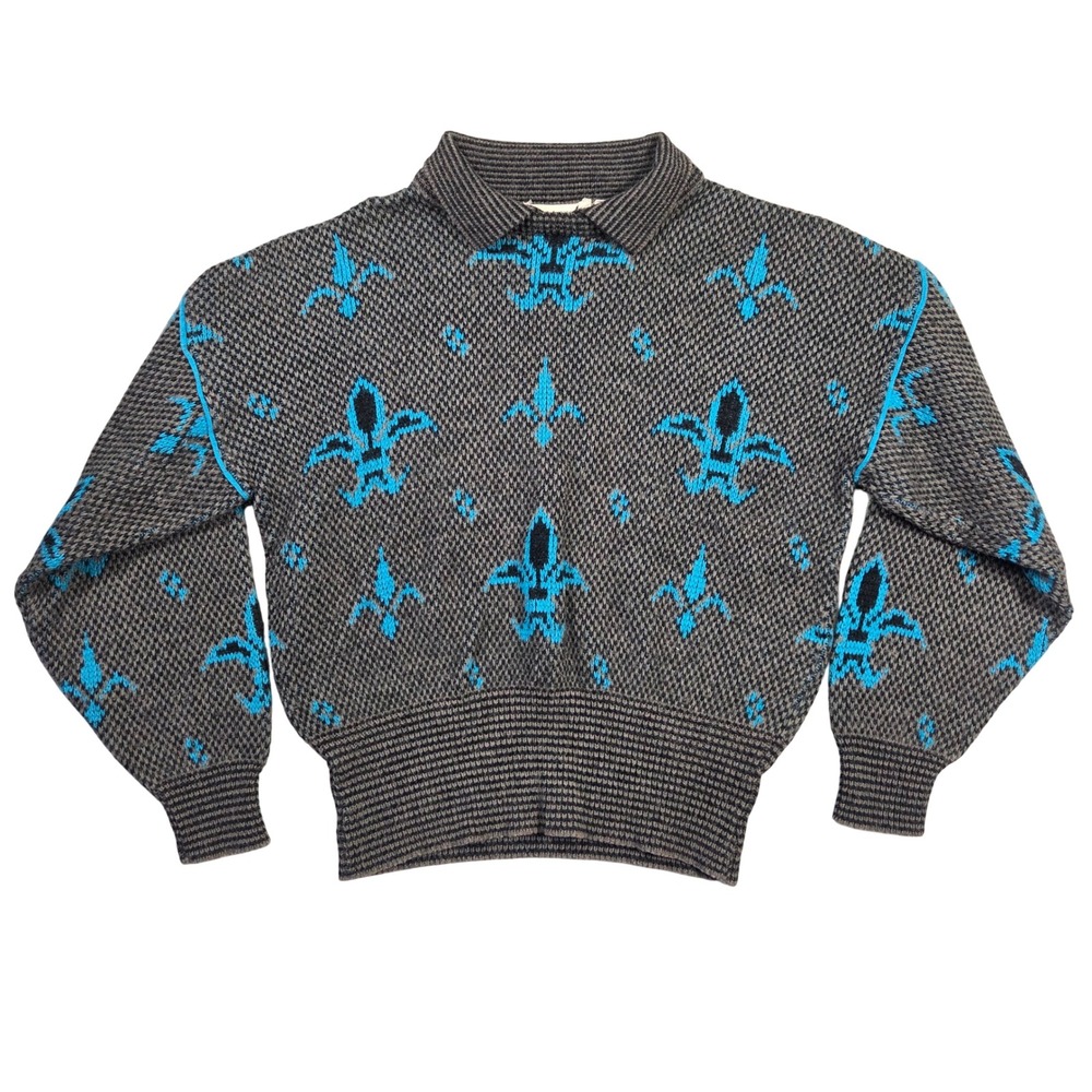 Vintage Jason Maxwell Fleur De Lis Collared Sweater Turquoise L Retro Chunky